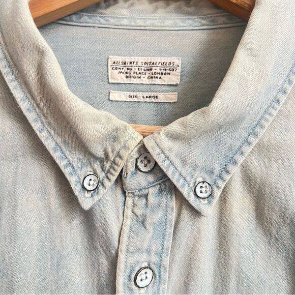 All Saints Mens spitalfields Distressed wash Long Sleeve Denim button down LG - Picture 4 of 8